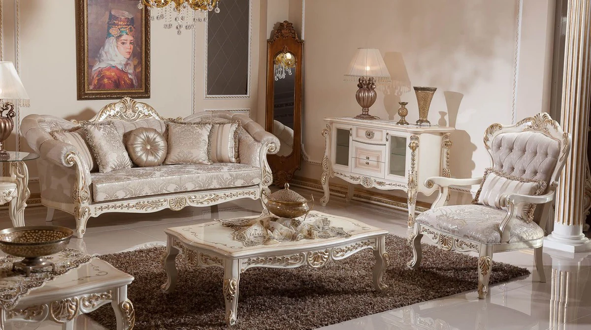 Luxus Barock Sofa Grau / Silber / Weiß / Gold - Handgefertigtes Barockstil Wohnzimmer Sofa mit elegantem Muster - Prunkvolle Barock Wohnzimmer Möbel