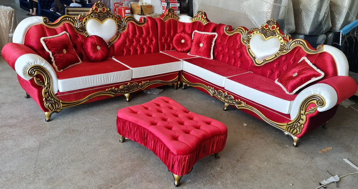 Luxus Barock Ecksofa Bordeauxrot / Weiß / Gold