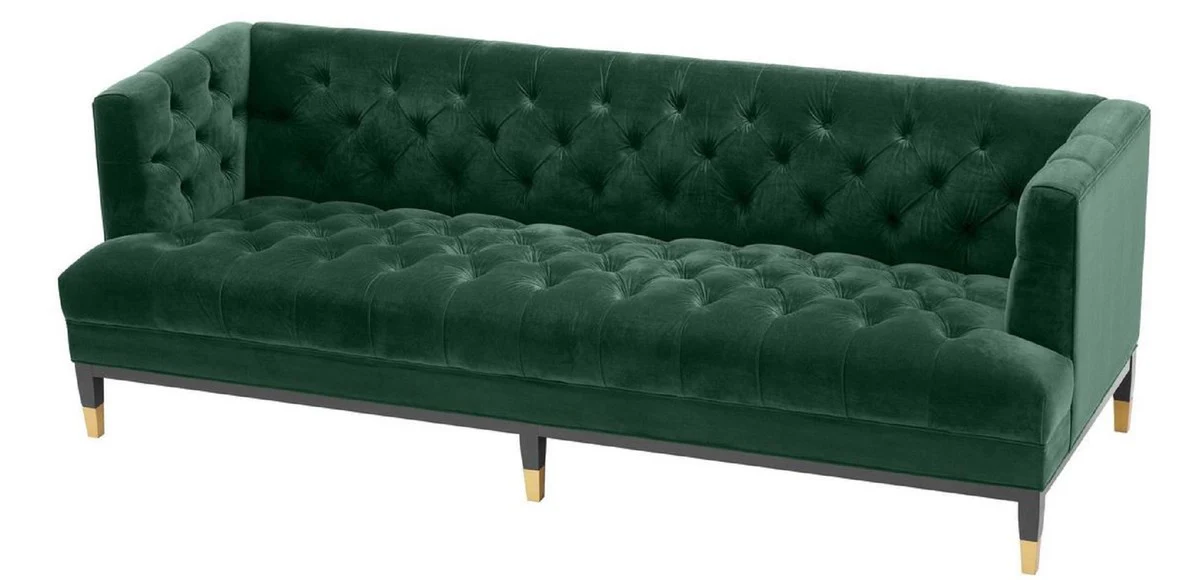 Luxus Wohnzimmer Sofa Grün / Schwarz / Messingfarben 230 x 85 x H. 79 cm - Chesterfield Samtsofa