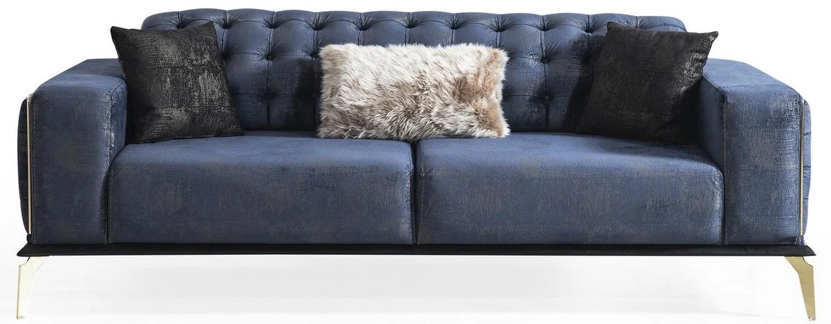 Luxus Art Deco Chesterfield Sofa Blau / Grau / Schwarz / Messingfarben 236 x 99 x H. 86 cm - Edles Wohnzimmer Sofa mit dekorativen Kissen - Luxus Qualität