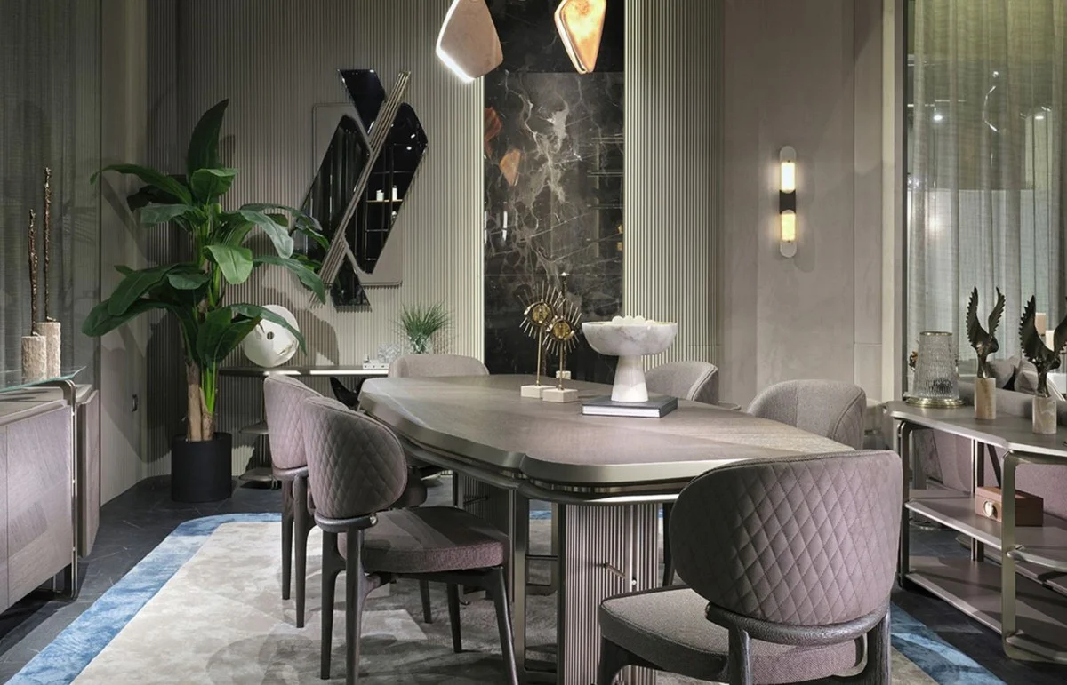 Luxus Esszimmer Set Grau / Silber - 1 Luxus Esstisch & 6 Luxus Esszimmerstühle - Esszimmer Möbel - Luxus Möbel - Luxus Einrichtung