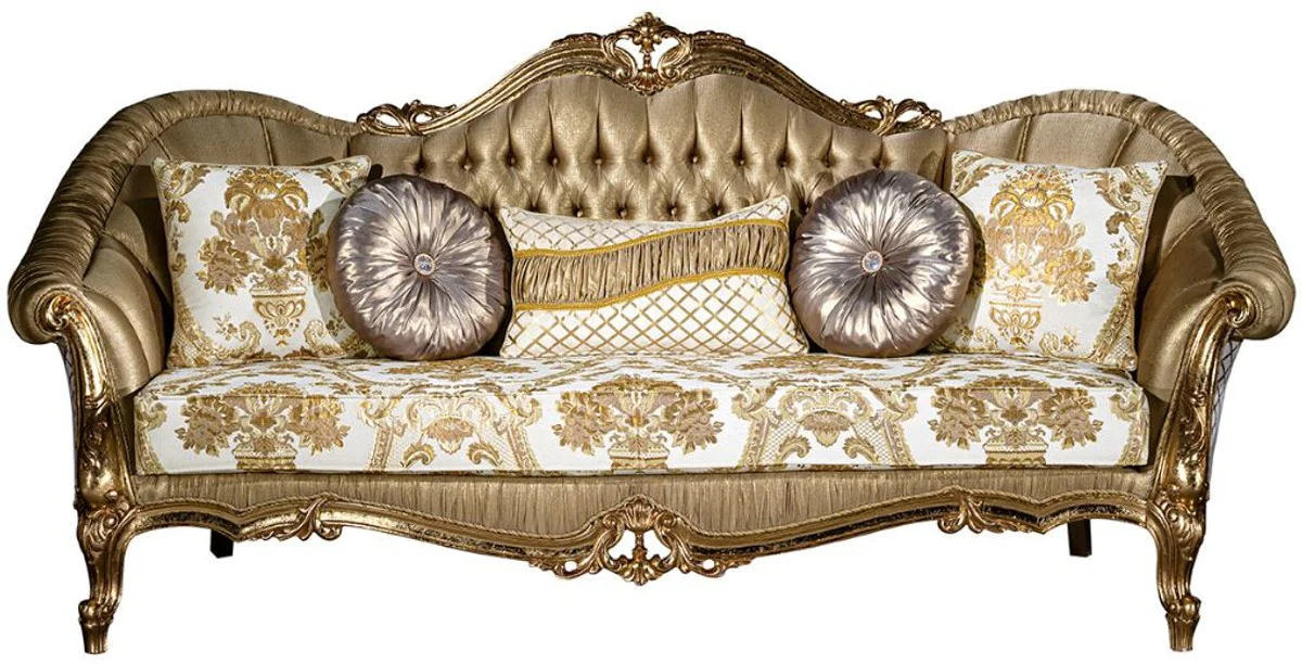 Luxus Barock Sofa Gold / Weiß 256 x 87 x H. 120 cm - Prunkvolles Wohnzimmer Sofa mit dekorativen Kissen - Wohnzimmer Möbel im Barockstil