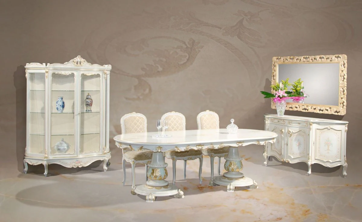 Luxus Barock Vitrine Weiß / Cremefarben / Mehrfarbig / Gold - Handgefertigter Vitrinenschrank mit 2 Türen - Prunkvolle Barock Möbel - Luxus Qualität - Made in Italy