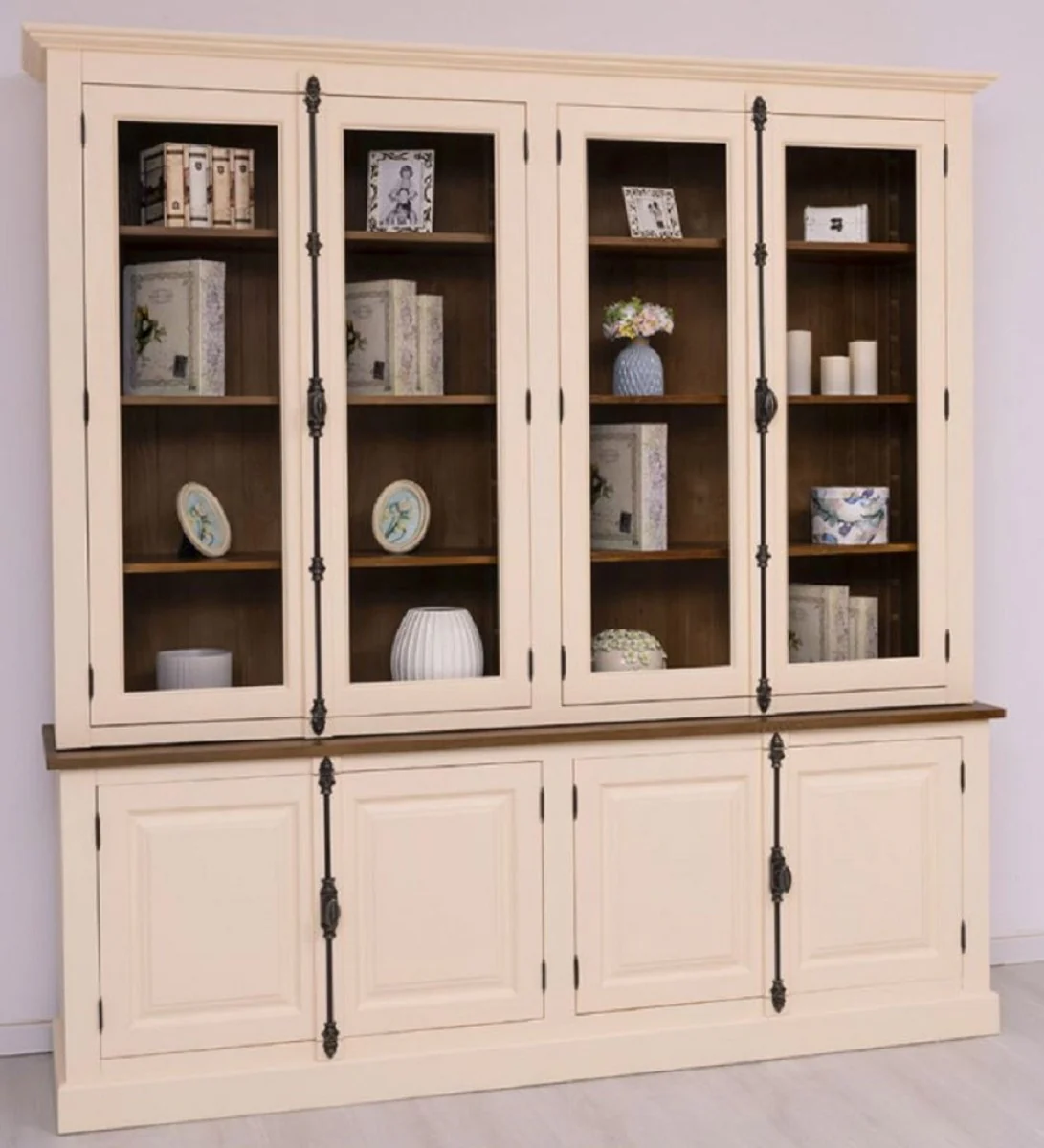 Landhausstil Esszimmerschrank Creme / Braun 223 x 50 x H. 228 cm - Massivholz Küchenschrank - Esszimmer Möbel im Landhausstil - Landhausstil Esszimmer Einrichtung