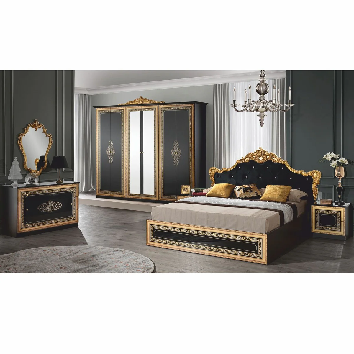 Luxus Barock Doppelbett mit Glitzersteinen Schwarz / Gold - Barockstil Schlafzimmer Möbel