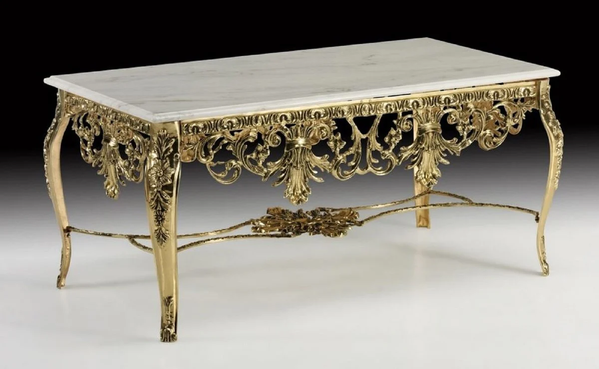 Luxus Barock Couchtisch mit Marmorplatte Gold / Weiß 118 cm - Barock Wohnzimmer Möbel