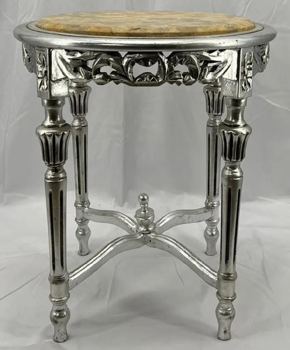 Barock Beistelltisch Silber / Creme - Handgefertigter Antik Stil Massivholz Tisch mit Marmorplatte - Wohnzimmer Möbel im Barockstil - Antik Stil Möbel - Barock Einrichtung - Barock Möbel