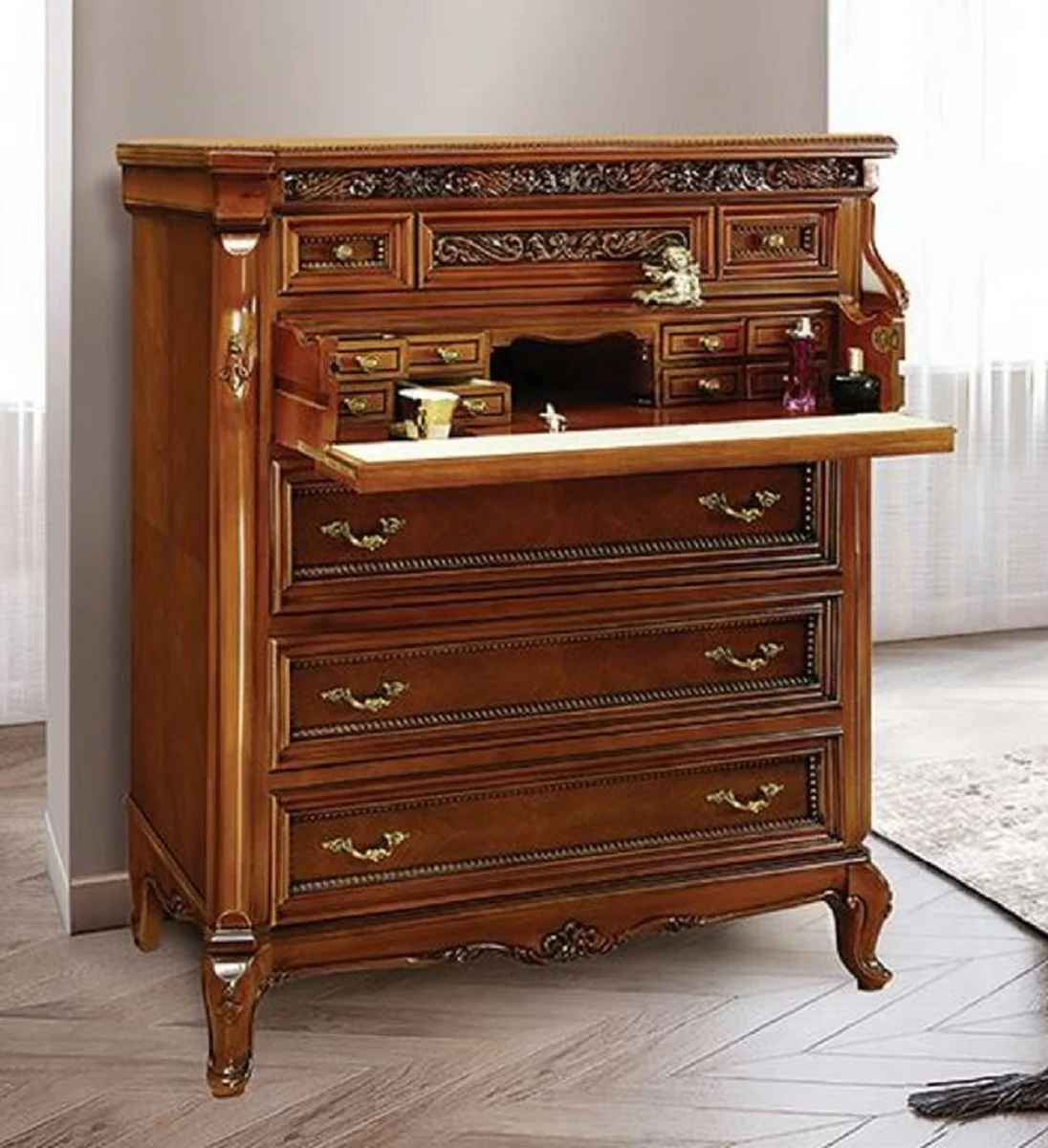 Luxus Barock Kommode Braun / Creme / Messing - Prunkvolle Barockstil Schlafzimmer Kommode - Luxus Schlafzimmer Möbel im Barockstil - Barock Schlafzimmer Möbel