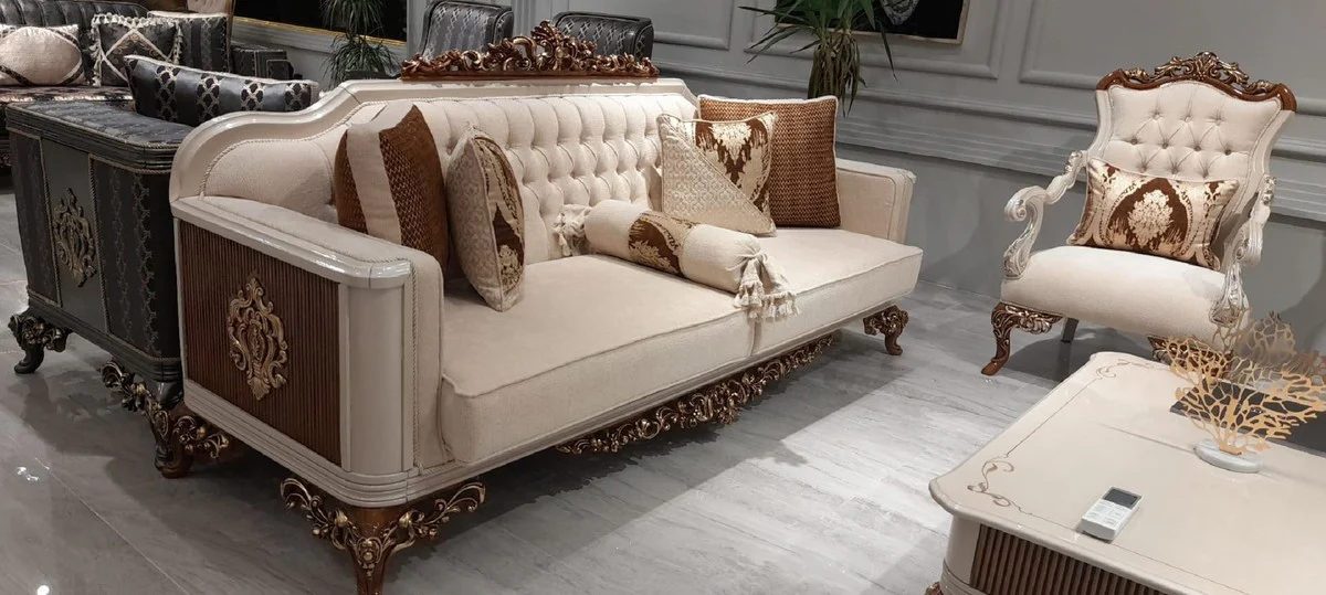 Luxus Barock Sofa Beige / Grau / Braun / Gold - Prunkvolles Wohnzimmer Sofa - Barock Wohnzimmer Möbel - Edel & Prunkvoll
