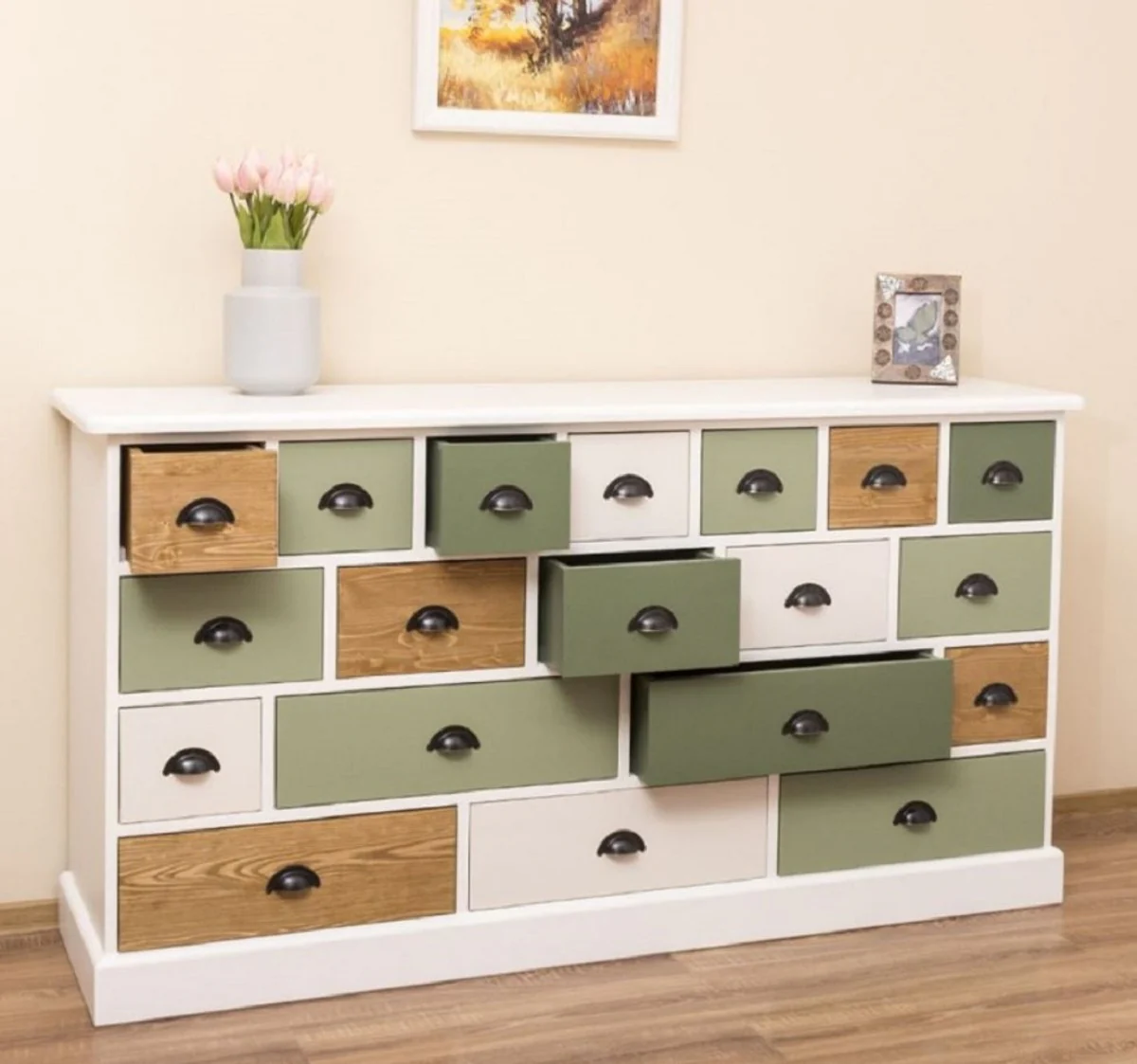 Landhausstil Kommode Weiß / Grün / Naturfarben 180 x 48 x H. 95 cm - Massivholz Schrank mit 19 Schubladen - Landhausstil Möbel - Möbel im Landhausstil - Landhausstil Einrichtung