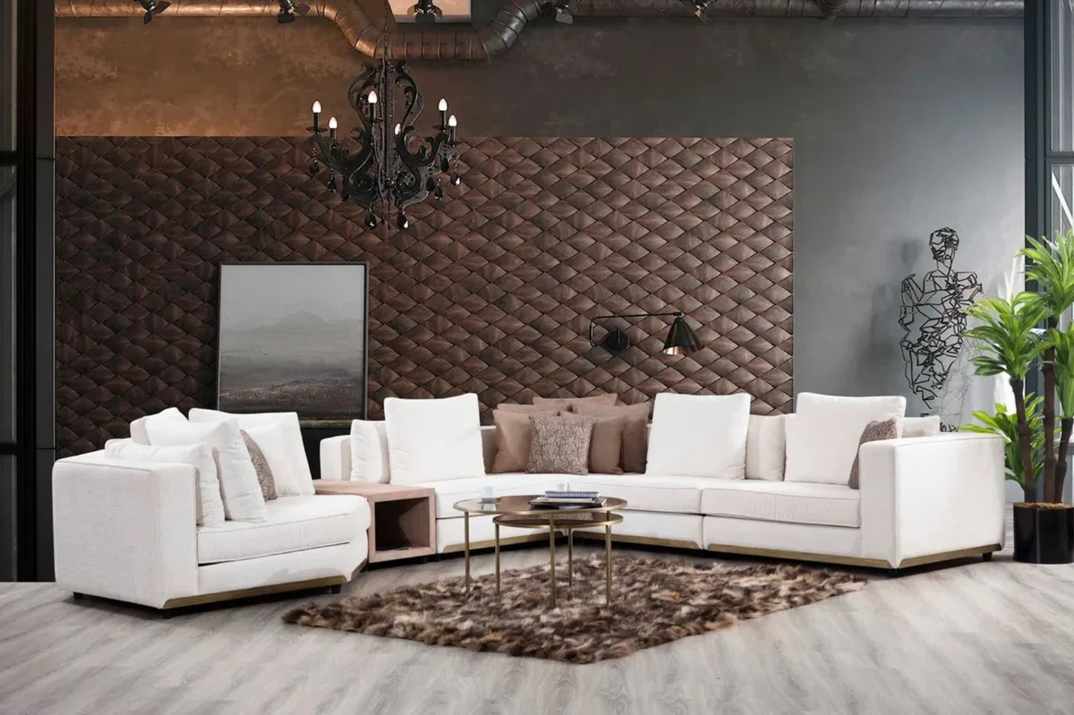 Luxus Ecksofa Weiß / Braun / Messingfarben 300 x 400 x H. 65 cm - Modernes Wohnzimmer Sofa - Moderne Wohnzimmer Möbel - Luxus Kollektion