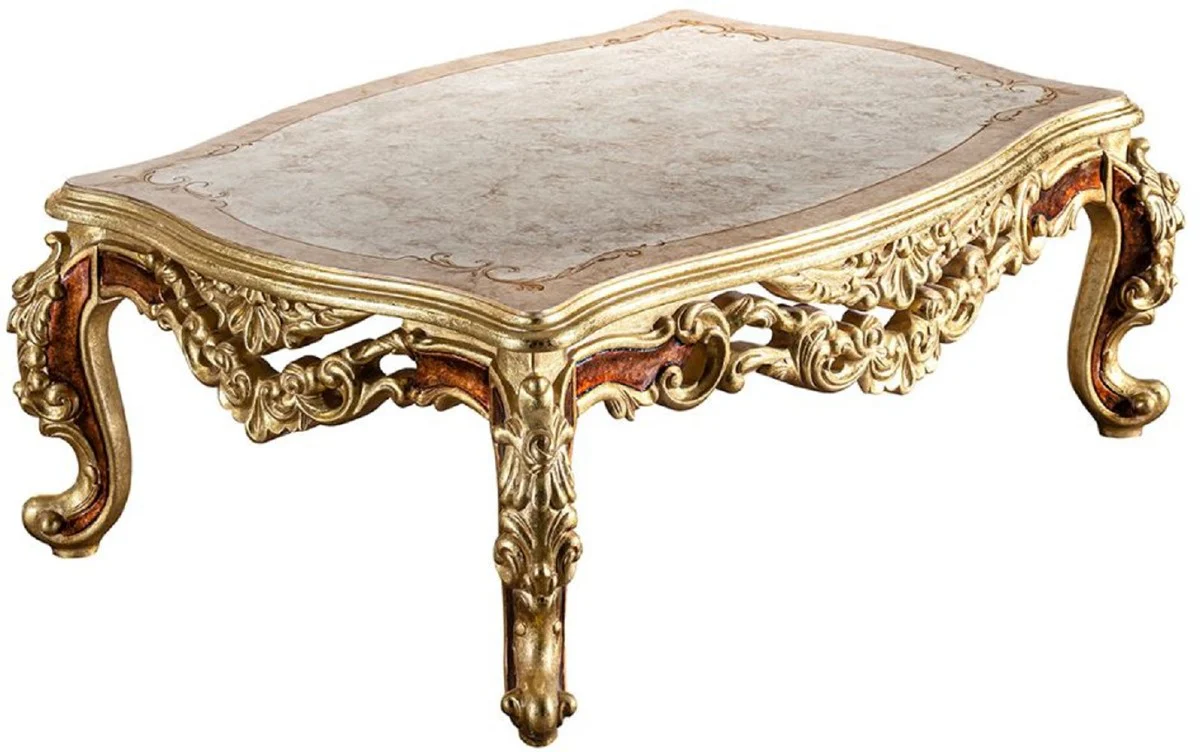 Luxus Barock Couchtisch Beige / Creme / Gold / Braun - Prunkvoller Massivholz Wohnzimmertisch im Barockstil - Prunkvolle Barock Möbel