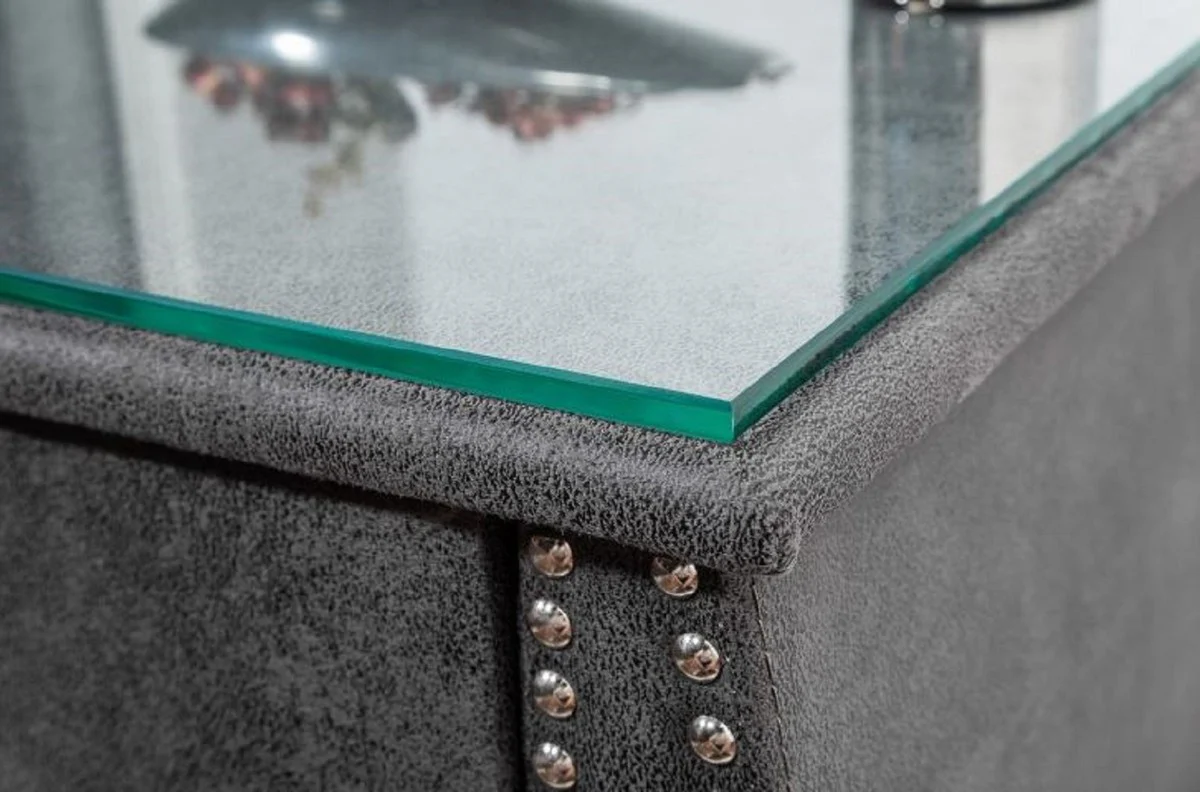 Art Deco Nachttisch mit Schublade und Glasplatte Antik Grau / Silber 47 x 41 x H. 45 cm - Schlafzimmermöbel