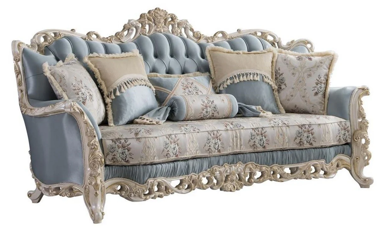 Luxus Barock Wohnzimmer Sofa mit dekorativen Kissen Hellblau / Creme / Weiß / Gold 240 x 90 x H. 120 cm - Edle Barock Wohnzimmer Möbel