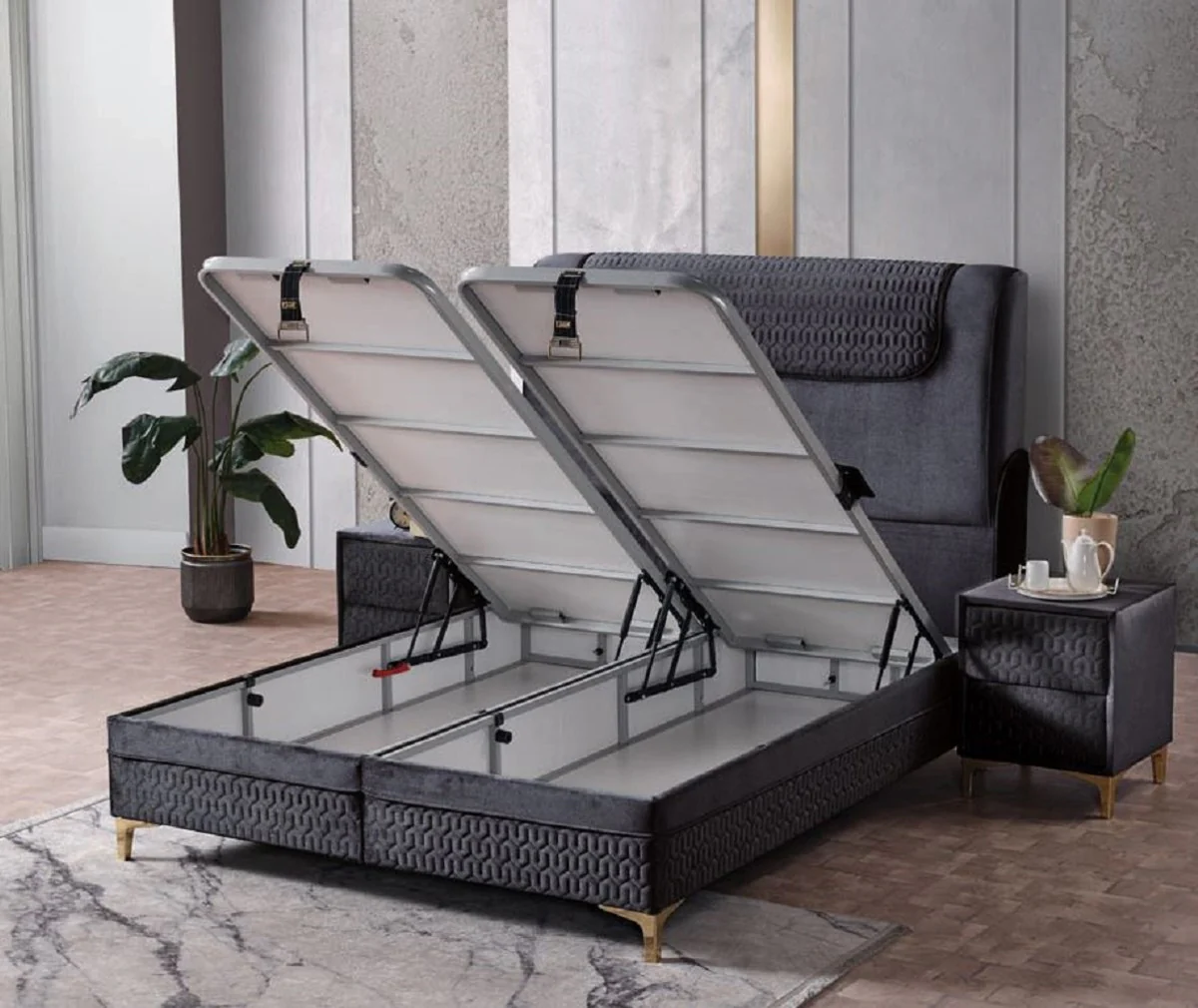 Luxus Doppelbett Schwarz / Weiß / Gold 180 x 200 cm - Massivholz Bett mit Kopfteil und Matratze - Schlafzimmer Möbel - Hotel Möbel - Luxus Möbel - Luxus Einrichtung