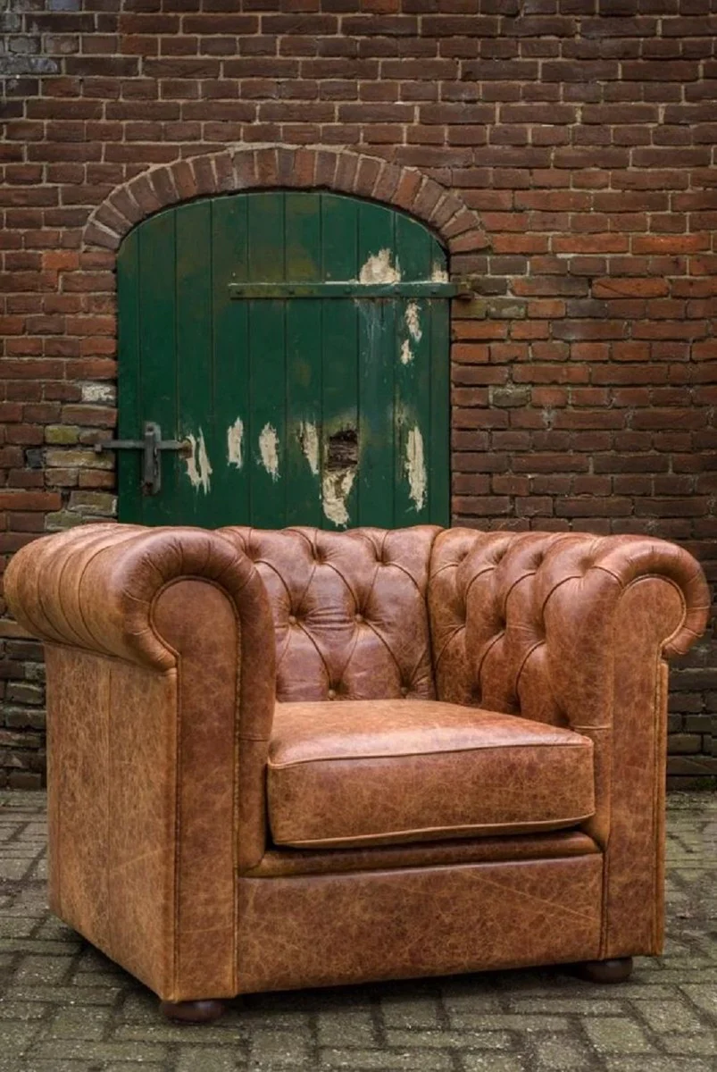 Luxus Chesterfield Leder Sessel Vintage Braun / Dunkelbraun 105 x 95 x H. 80 cm - Chesterfield Echtleder Wohnzimmer Sessel - Chesterfield Möbel - Echtleder Möbel - Luxus Möbel