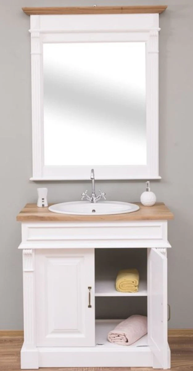 Landhausstil Badezimmer Set Weiß / Naturfarben - 1 Waschtisch & 1 Wandspiegel - Massivholz Badezimmer Möbel im Landhausstil