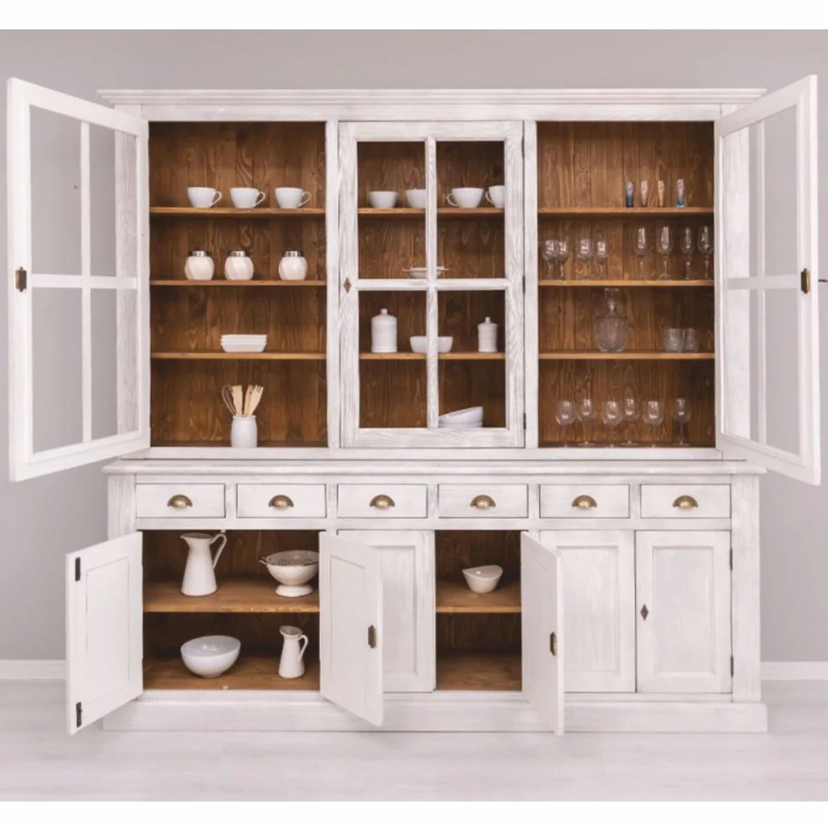 Landhausstil Esszimmer Schrank Hellgrau / Braun 245 cm - Esszimmer Möbel