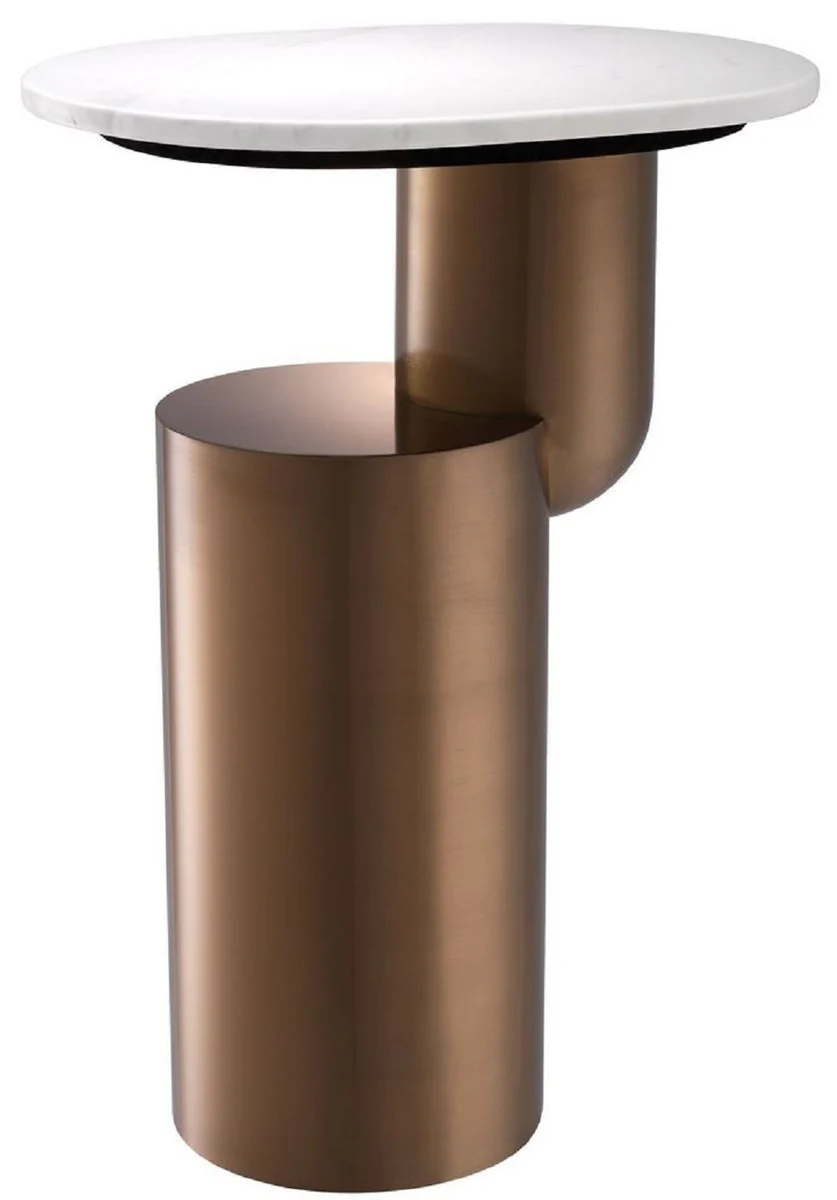 Luxus Edelstahl Beistelltisch mit Marmor Tischplatte Weiß / Kupferfarben 43 x 35 x H. 62 cm - Designer Wohnzimmer Möbel