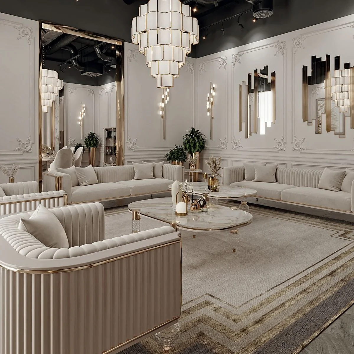 Luxus Art Deco Couchtisch Weiß / Grau / Gold 120 x 70 x H. 49 cm - Wohnzimmertisch mit edler Kunstmarmor Tischplatte - Art Deco Wohnzimmer Möbel - Luxus Wohnzimmer Möbel