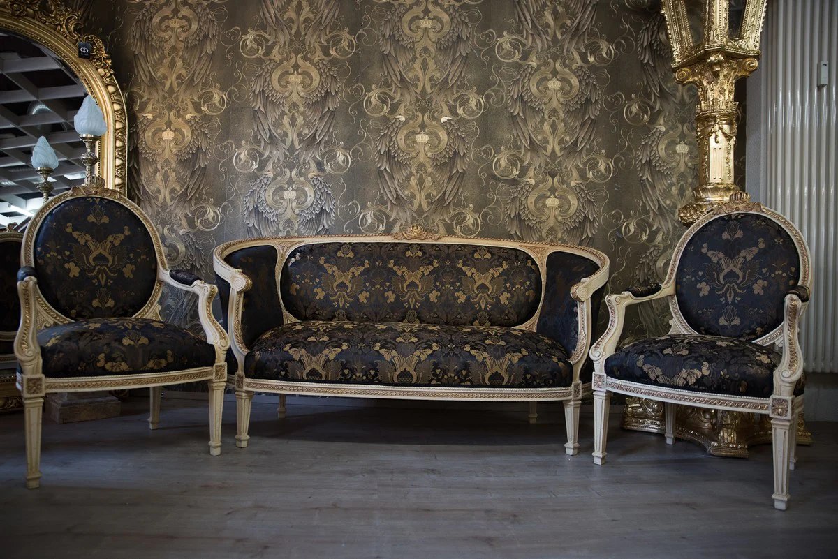 Pompöös by Barock Wohnzimmer Set Creme / Oliv mit goldenem Muster - Pompööse Barock Wohnzimmermöbel designed by Harald Glööckler