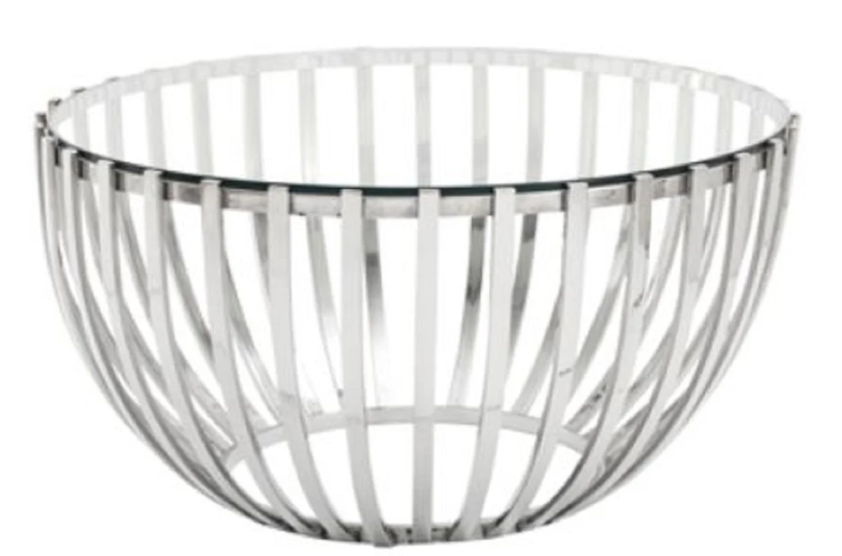 Luxus Couchtisch Silber Ø 81 x H. 43 cm - Runder Edelstahl Wohnzimmertisch mit Glasplatte