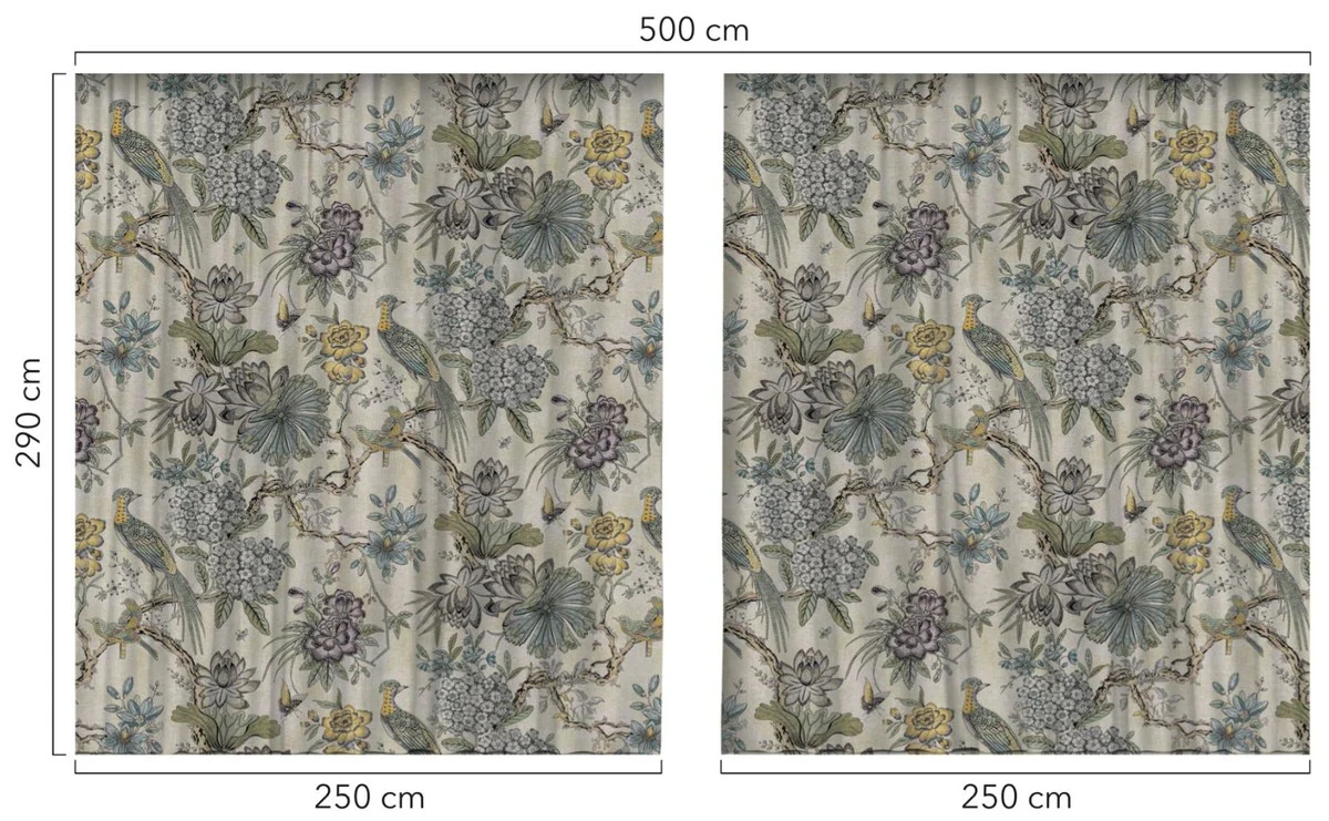 Luxus Vorhang Set Blumen & Vögel Hellbeige / Mehrfarbig 250 x H. 290 cm - Bedruckte Leinen & Samt Vorhänge - Ösenvorhänge - Schiebevorhänge - Wohnzimmer Schlafzimmer Vorhänge