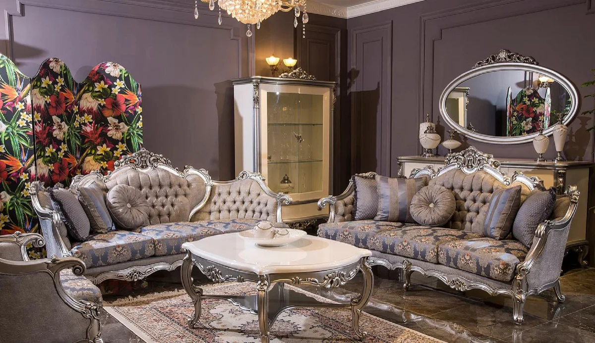 Luxus Barock Spiegel Silber - Ovaler Massivholz Wandspiegel im Barockstil - Barock Möbel - Edel & Prunkvoll