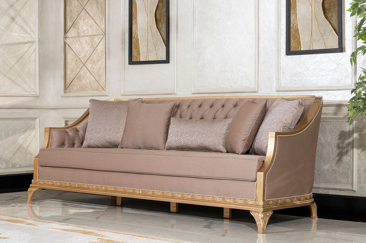 Luxus Barock Wohnzimmer Sofa Braun / Gold - Handgefertigtes Barockstil Sofa mit dekorativen Kissen - Luxus Wohnzimmer Möbel im Barockstil - Barock Möbel