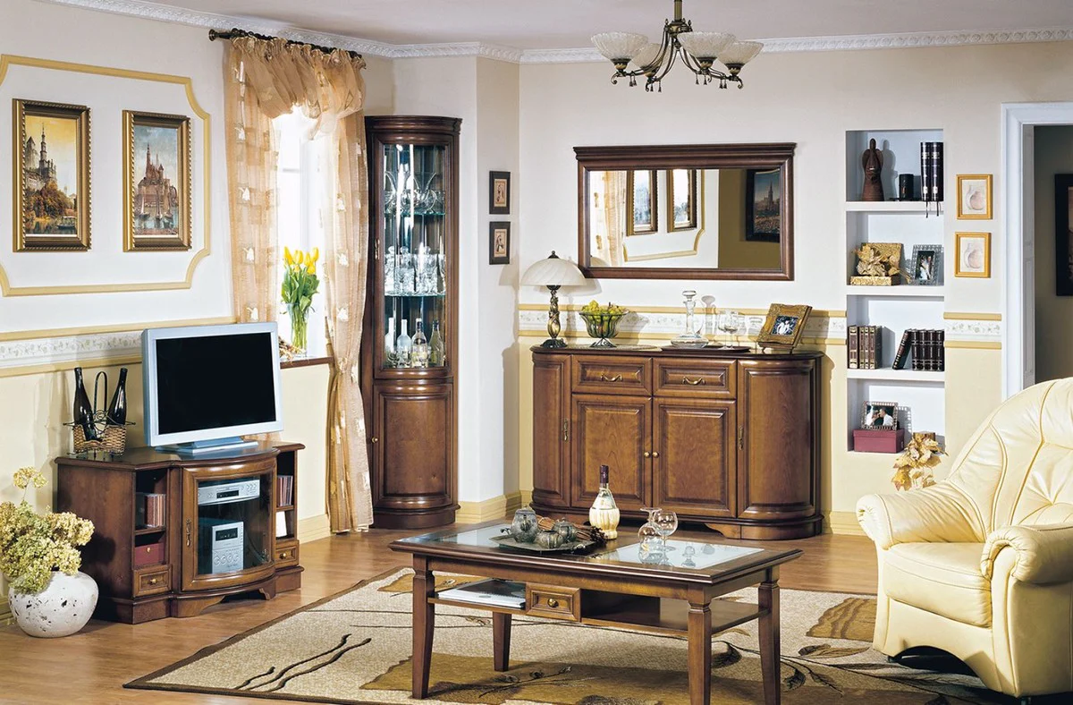 Luxus Eckvitrine Braun 40 x 45 x H. 212 cm - Massivholz Eckschrank - Wohnzimmerschrank - Luxus Massivholz Wohnzimmer Möbel