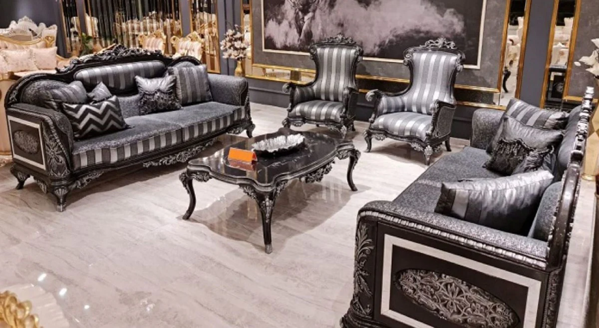Luxus Barock Wohnzimmer Set Grau / Schwarz / Silber - 2 Barock Sofas & 2 Barock Sessel & 1 Barock Couchtisch - Barock Wohnzimmer Möbel