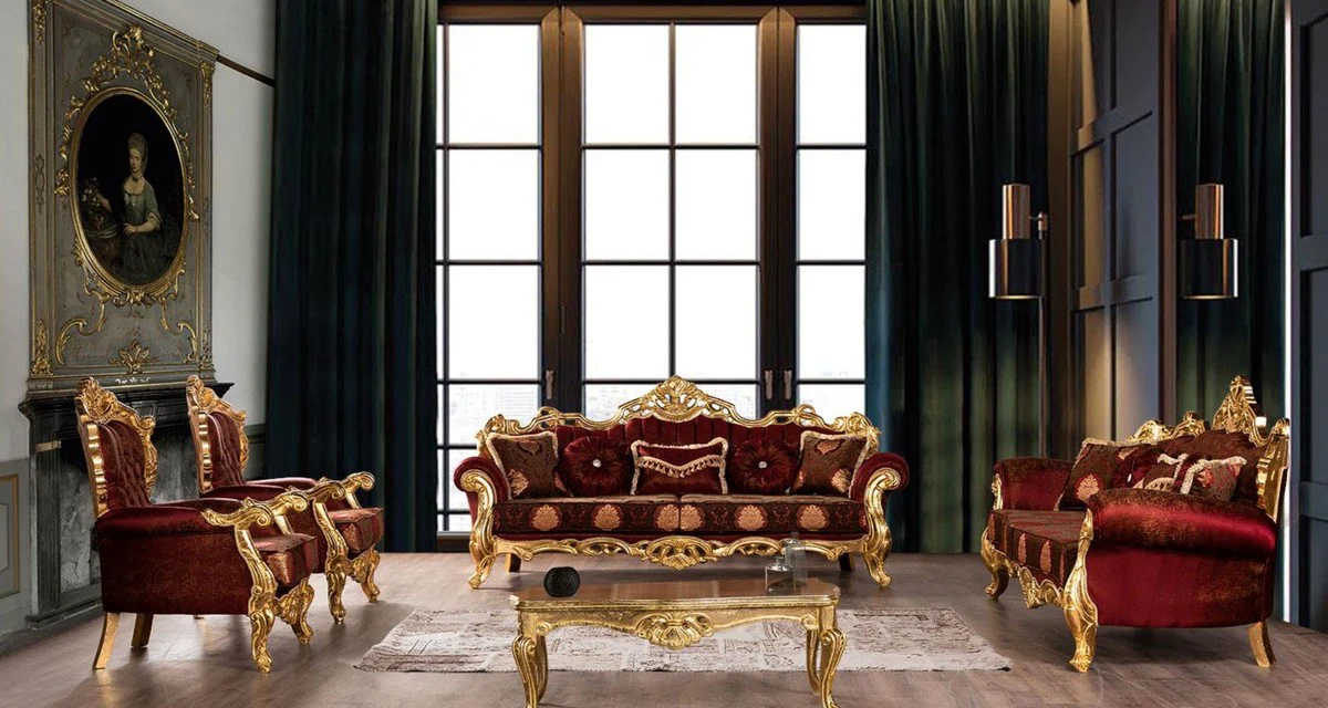 Luxus Barock Sofa Bordeauxrot / Gold - Prunkvolles Wohnzimmer Sofa mit elegantem Muster - Barock Wohnzimmer Möbel