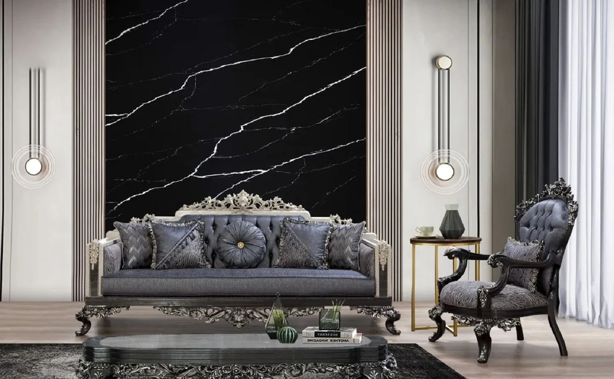 Luxus Barock Sofa Blau / Grau / Weiß / Schwarz / Silber - Prunkvolles Wohnzimmer Sofa mit elegantem Muster - Barock Wohnzimmer & Hotel Möbel - Edel & Prunkvoll