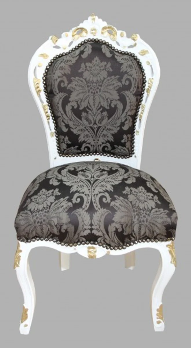 Barock Esszimmer Stuhl Schwarz Muster / Weiß / Gold - Möbel Antikstil