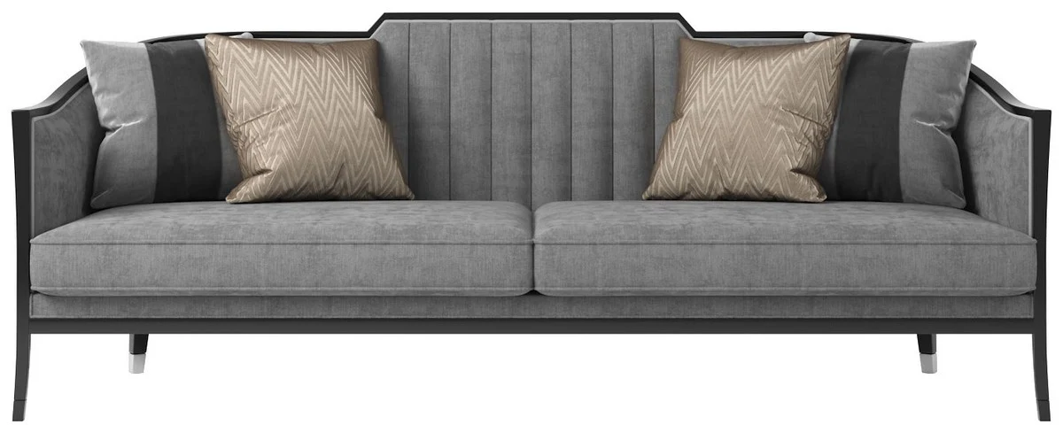 Luxus Art Deco Samt Sofa Grau / Schwarz / Silber 250 x 95 x H. 93 cm - Edles Wohnzimmer Sofa - Luxus Qualität - Art Deco Möbel