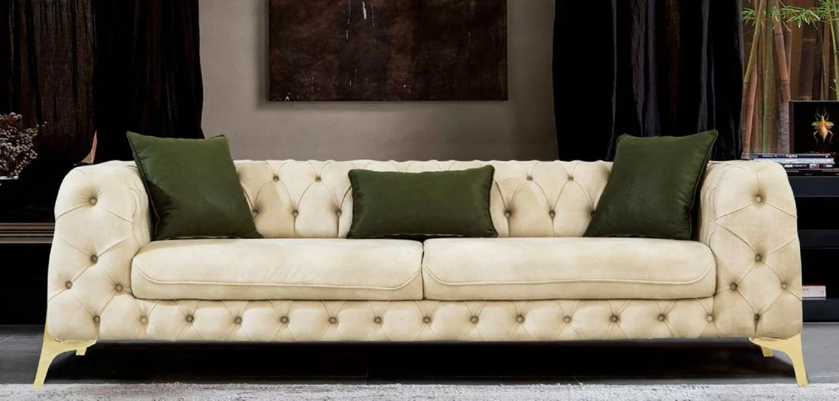 Luxus Chesterfield Schlafsofa Cremefarben / Gold 250 x 95 x H. 72 cm - Modernes Wohnzimmer Sofa - Chesterfield Wohnzimmer Möbel