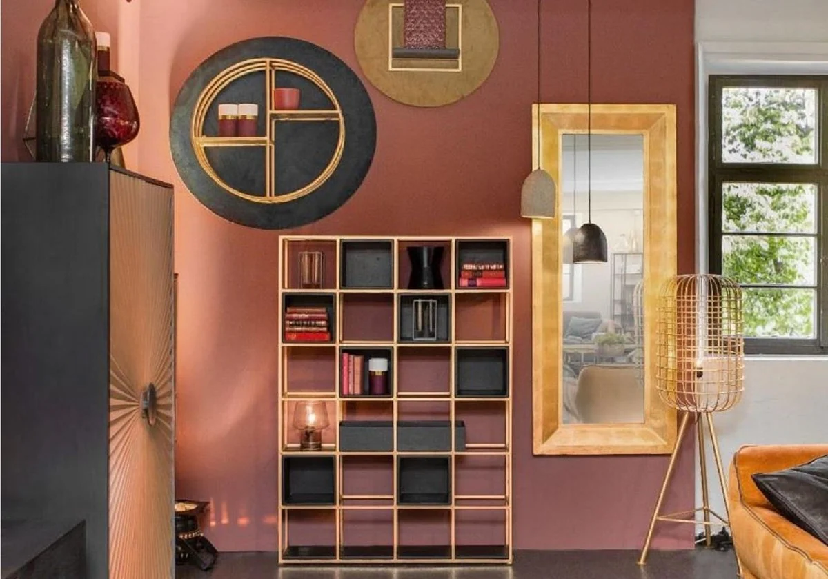 Luxus Metall Regalschrank mit Holzfächern Messing / Schwarz H. 160 cm