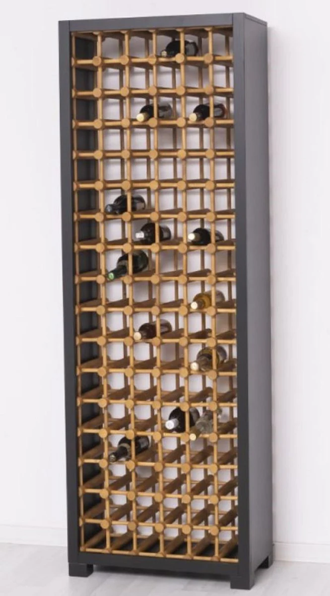 Landhausstil Massivholz Weinschrank Schwarz / Naturfarben 68 x 35 x H. 200 cm - Massivholz Weinregal im Landhausstil - Massivholz Bar Möbel - Landhausstil Bar Möbel