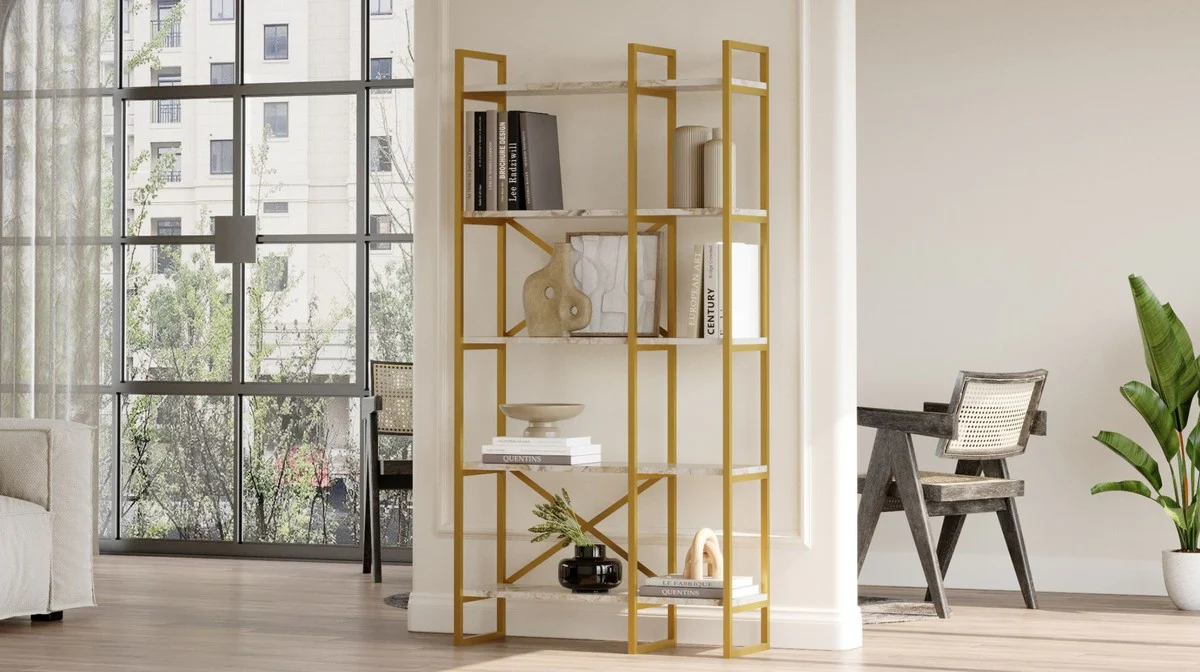 Luxus Regalschrank mit Marmor Regalen Gold / Weiß 87,5 x 30 x H. 175 cm - Bücherschrank - Wohnzimmer Schrank - Büro Schrank - Wohnzimmer Möbel - Büro Möbel - Luxus Möbel