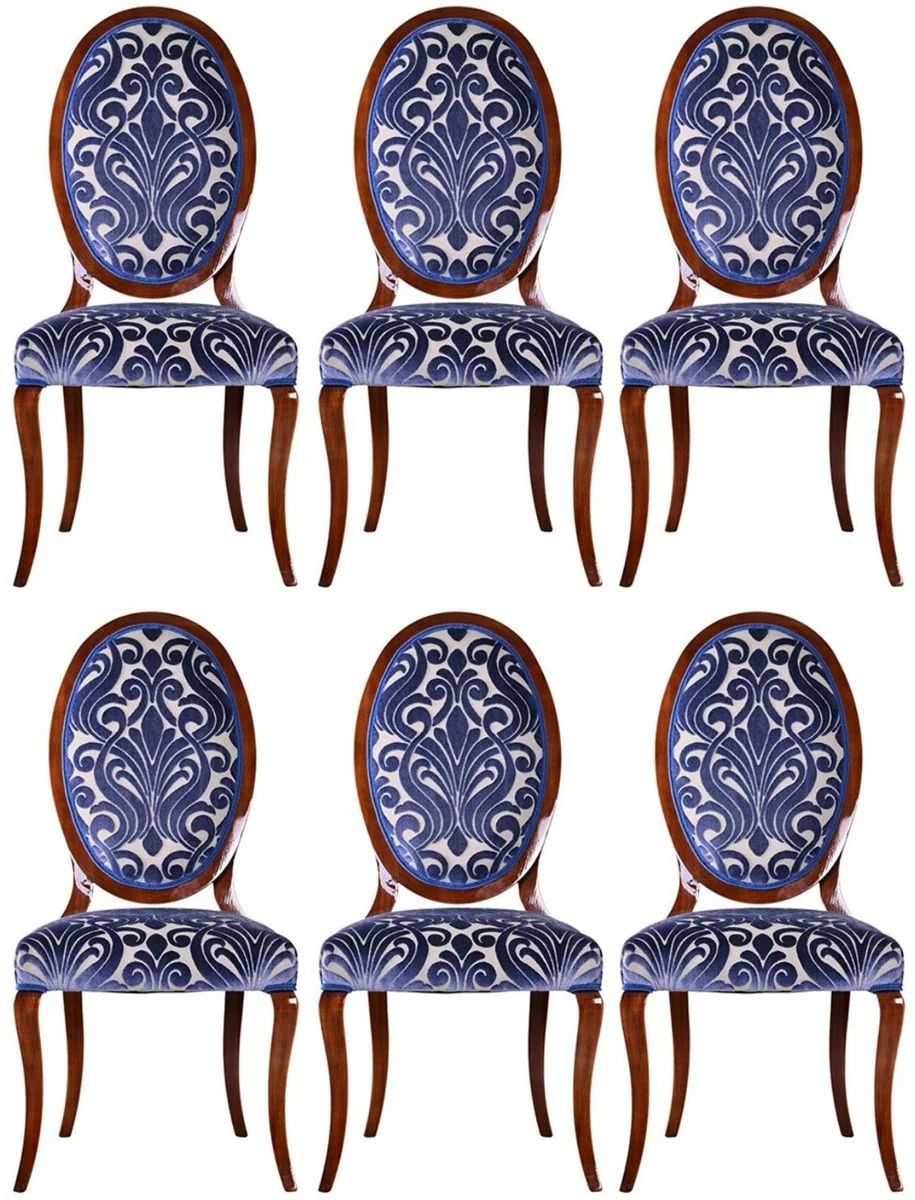 Luxus Jugendstil Esszimmerstuhl 6er Set Blau / Creme / Braun 51 x 48 x H. 106 cm - Elegante Küchenstühle mit Muster - Barock & Jugendstil Esszimmer Möbel - Luxus Qualität
