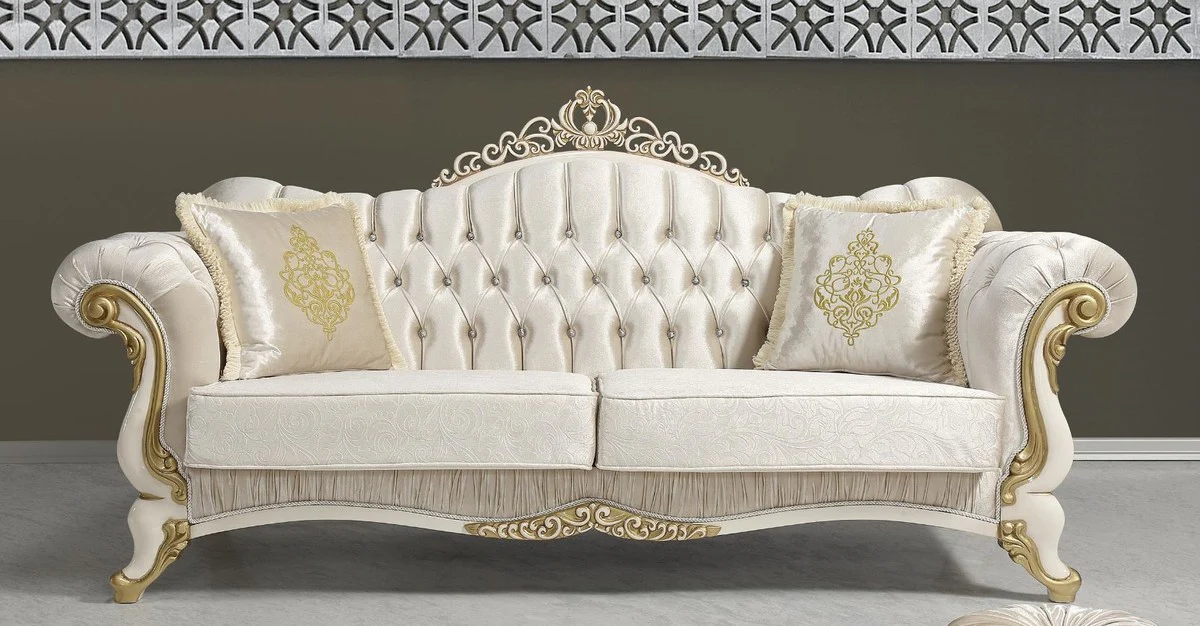 Barock Wohnzimmer Sofa mit Glitzersteinen Champagnerfarben / Creme / Gold 224 x 83 x H. 112 cm - Wohnzimmer Möbel - Edel & Prunkvoll
