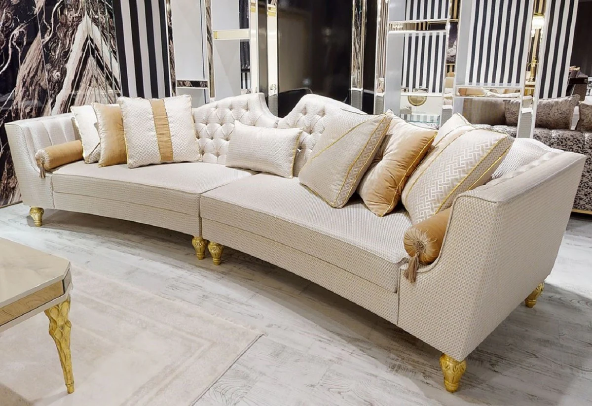 Luxus Barock Sofa Weiß / Gold - Gebogenes Wohnzimmer Sofa - Hotel Sofa - Luxus Barock Wohnzimmer & Hotel Möbel