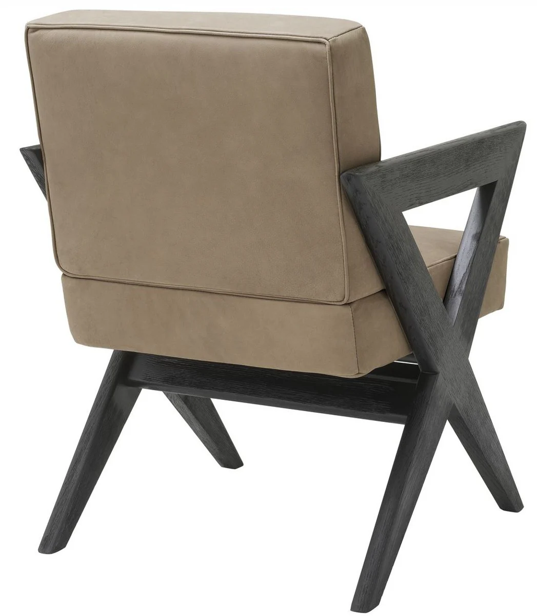 Luxus Echtleder Esszimmerstuhl mit Armlehnen Beige / Schwarz 59 x 74 x H. 88 cm - Küchenstuhl mit edlem Nubuk Büffelleder - Luxus Esszimmer Möbel