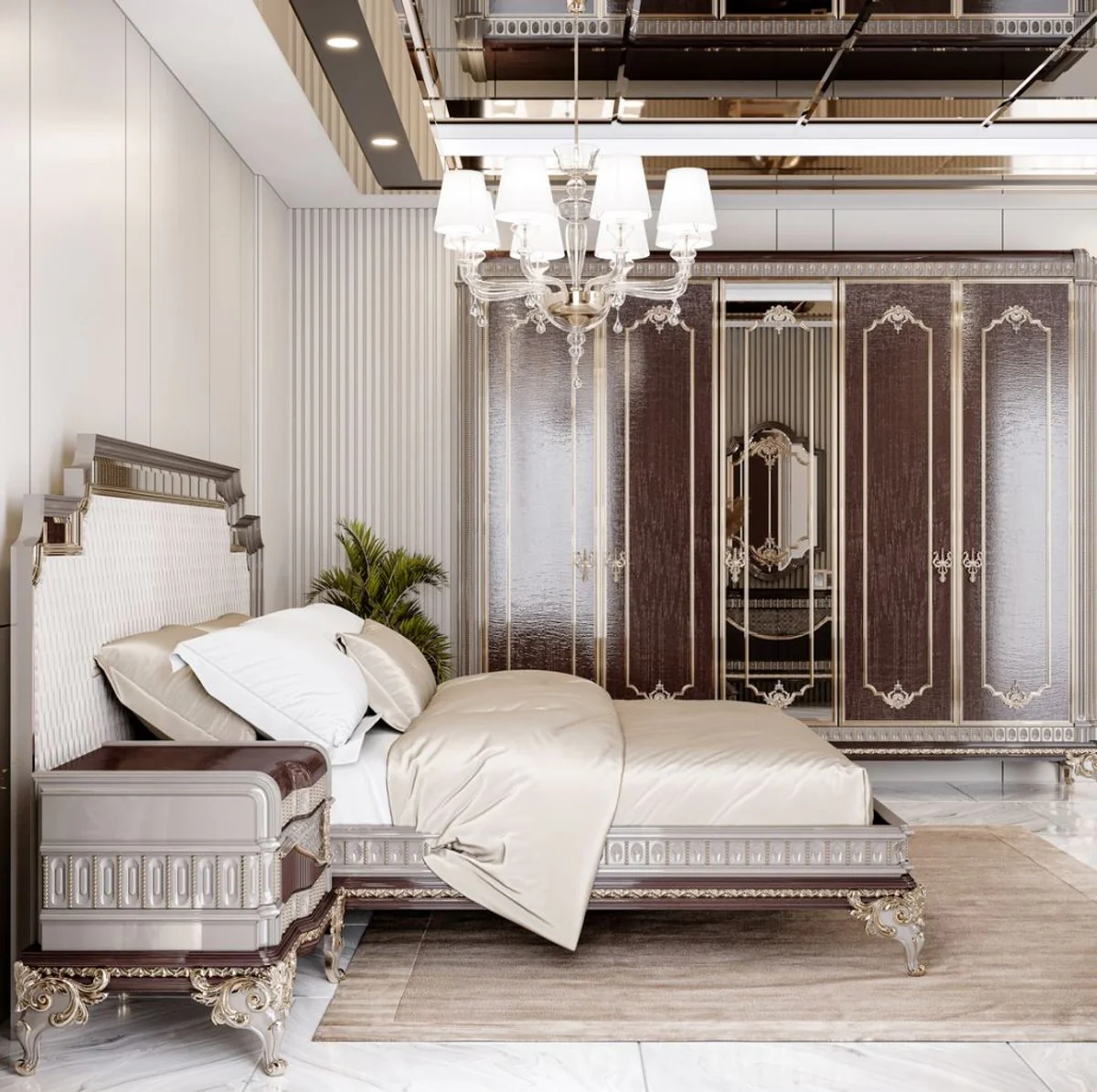 Luxus Barock Schlafzimmer Schrank Dunkelbraun / Grau / Gold