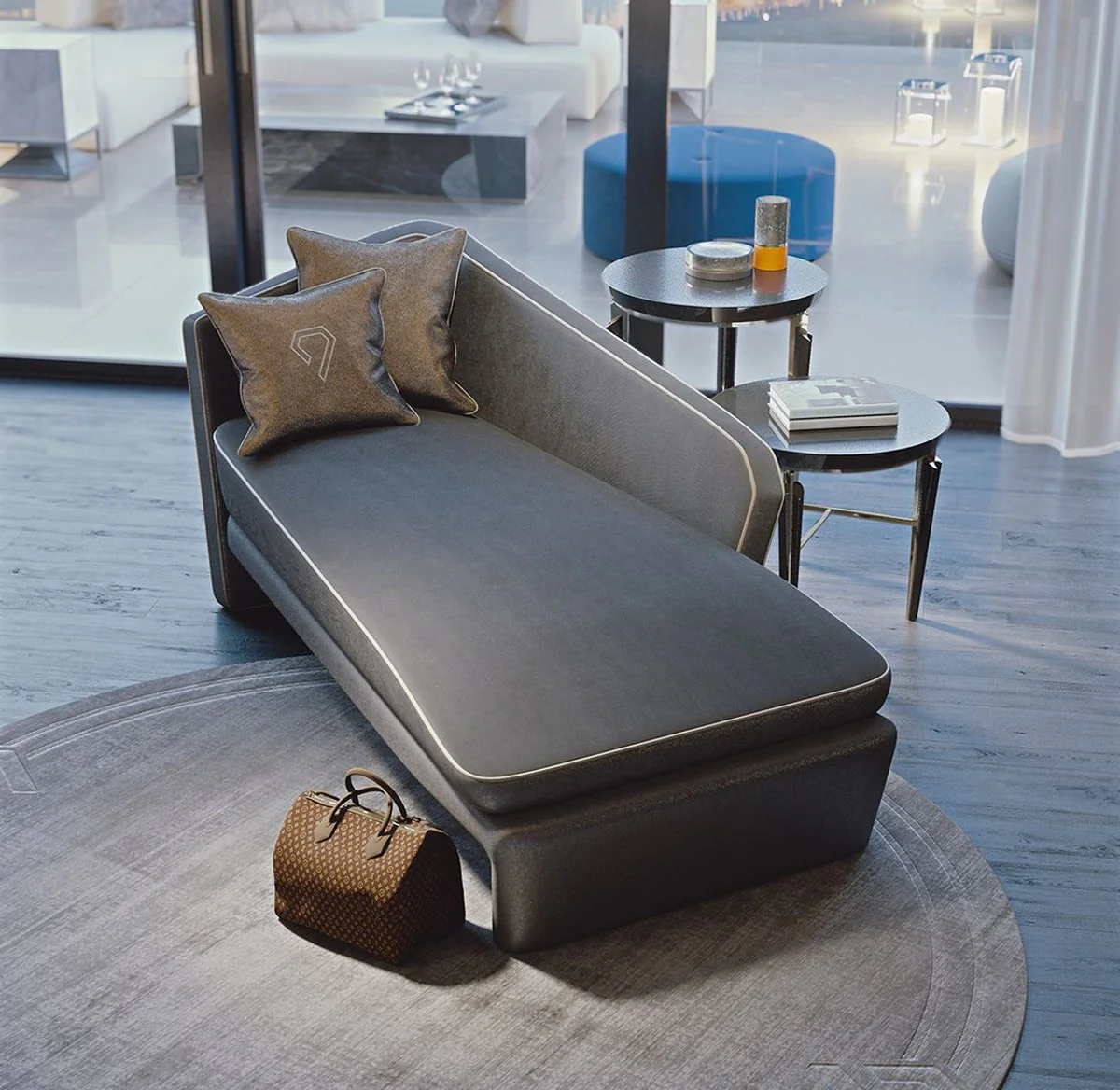 Luxus Hotel Chaiselongue Grau / Weiß 178 x 98 x H. 80 cm - Massivholz Recamiere - Hotel Möbel - Luxus Qualität - Made in Italy