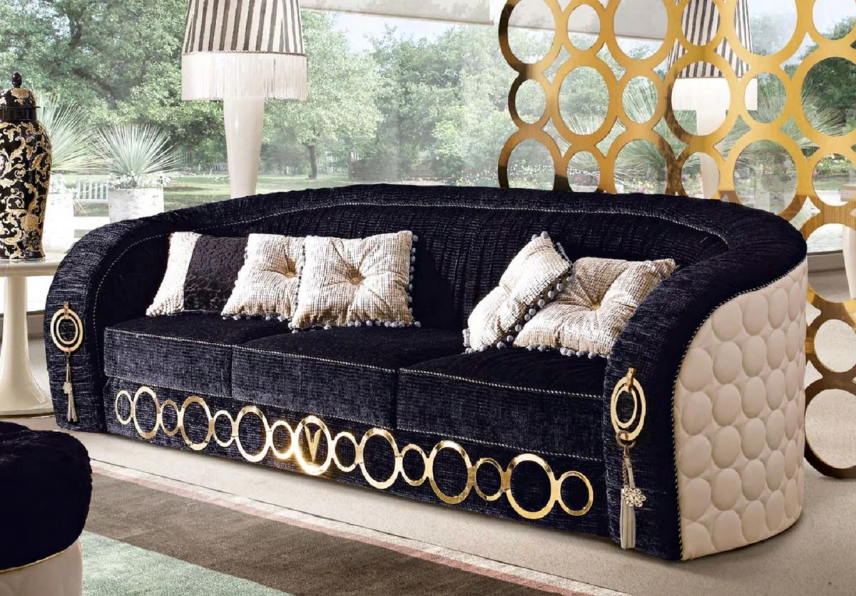 Luxus Sofa mit Metall Ornamenten Schwarz / Beige / Gold 260 x 103 x H. 80 cm - Luxus Wohnzimmer & Hotel Möbel - Erstklassische Qualität - Made in Italy