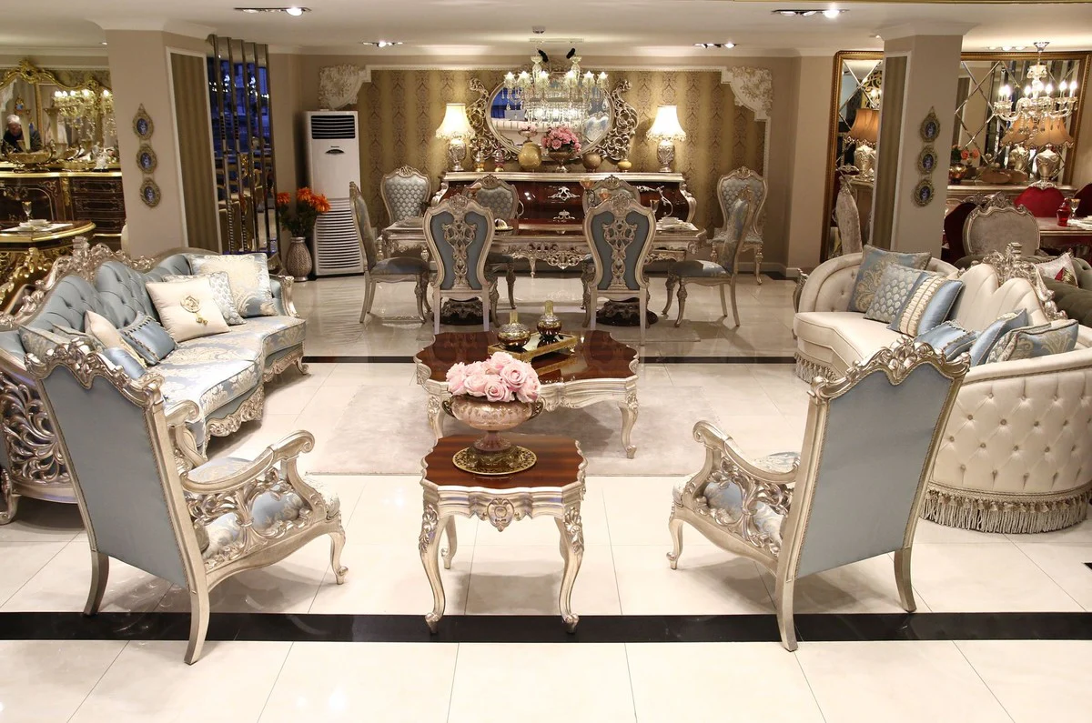 Luxus Barock Esszimmer Stuhl Set Hellblau / Beige / Silber - Prunkvolles Küchen Stühle 8er Set - Barock Esszimmer Möbel