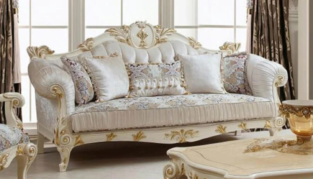 Luxus Barock Wohnzimmer Set Weiß / Braun / Mehrfarbig / Creme / Gold - 2 Barock Sofas & 2 Barock Sessel & 1 Barock Couchtisch - Luxus Wohnzimmer Möbel im Barockstil - Barock Möbel
