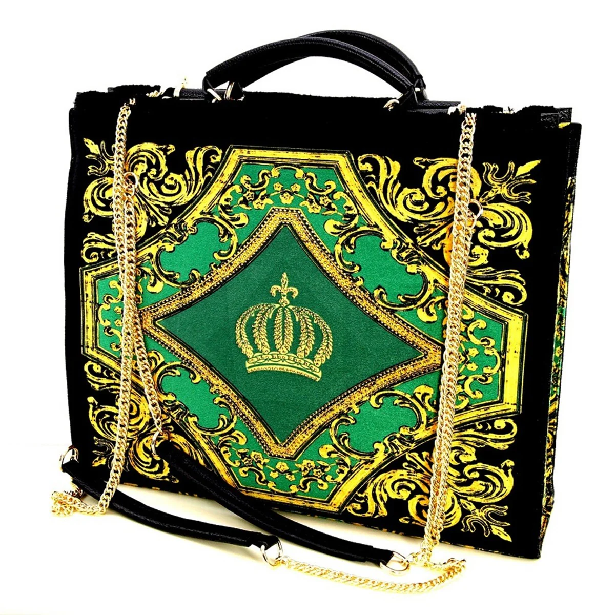 Pompöös by Luxus Damen Handtaschen Set Baroque Flowers mit Krone und Strass Steine Grün / Schwarz / Gold - Pompööse Damen Handtaschen designed by Harald Glööckler