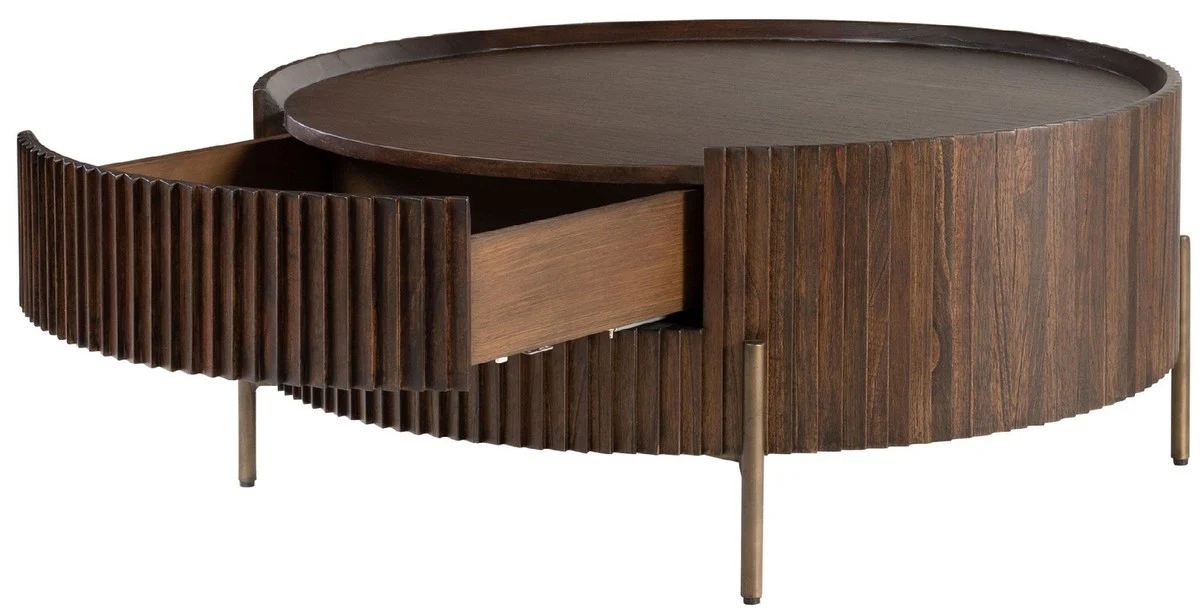 Luxus Couchtisch Dunkelbraun Ø 90 x H. 40 cm - Runder Wohnzimmertisch mit Schublade - Wohnzimmer Möbel - Massivholz Möbel - Luxus Möbel - Luxus Einrichtung